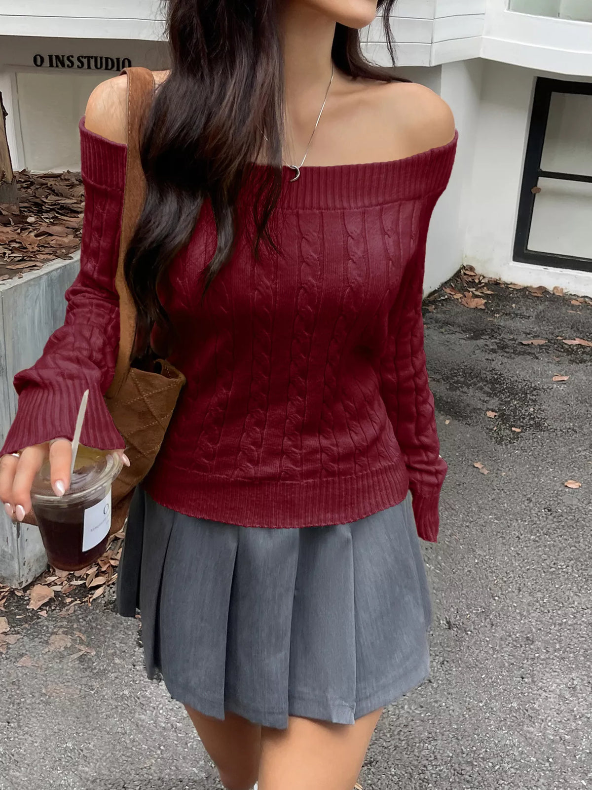 Off-shoulder Cable Knit Sweater (8)