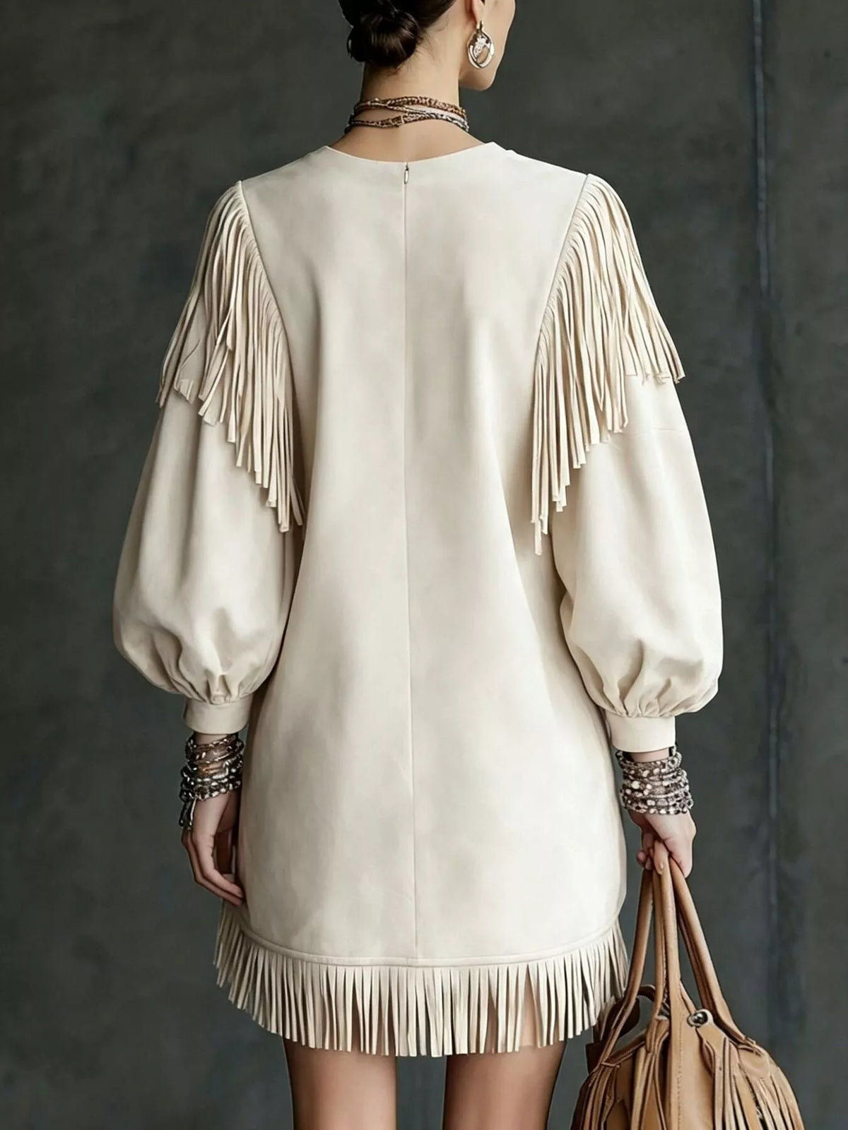 Fringe Detail Lantern Sleeve Mini Dress (9)