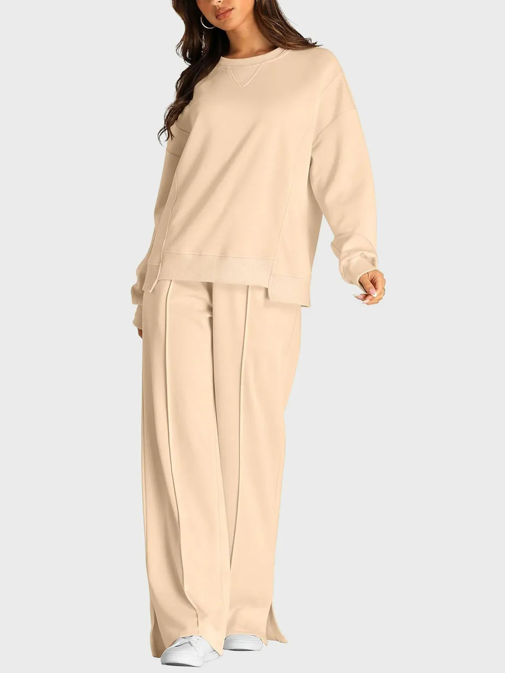 Round Neck Long Sleeve Top Slit Pants Set (22)