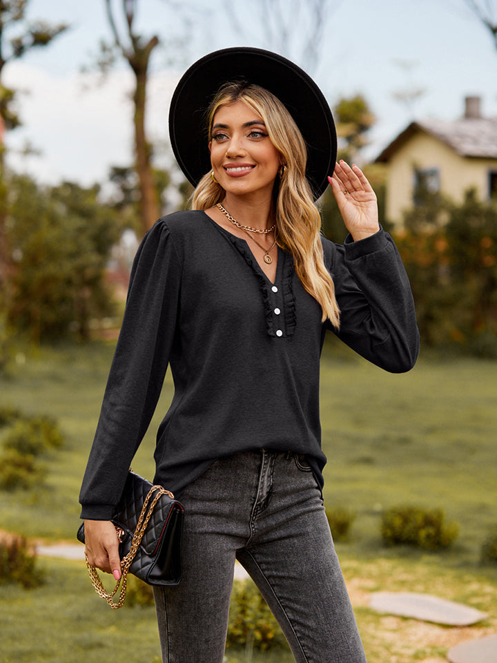 Puff Sleeve Ruffle Trim Blouse (11)