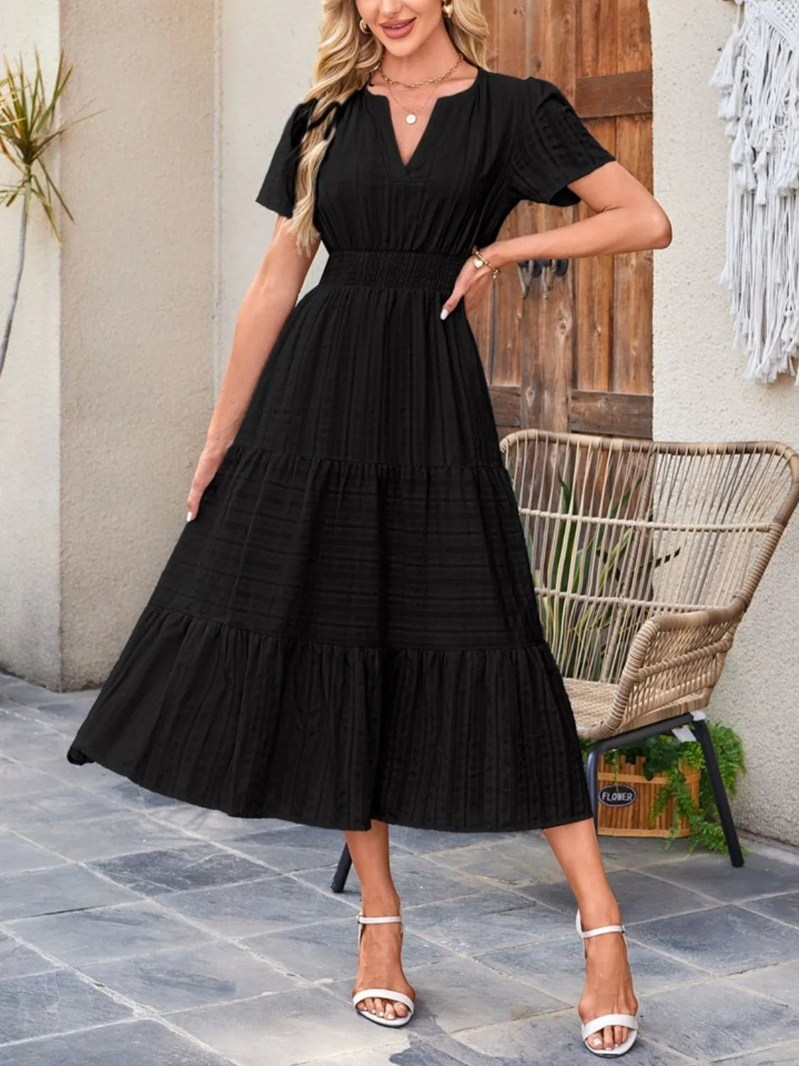 Tiered Notched Short Sleeve Dress (11)