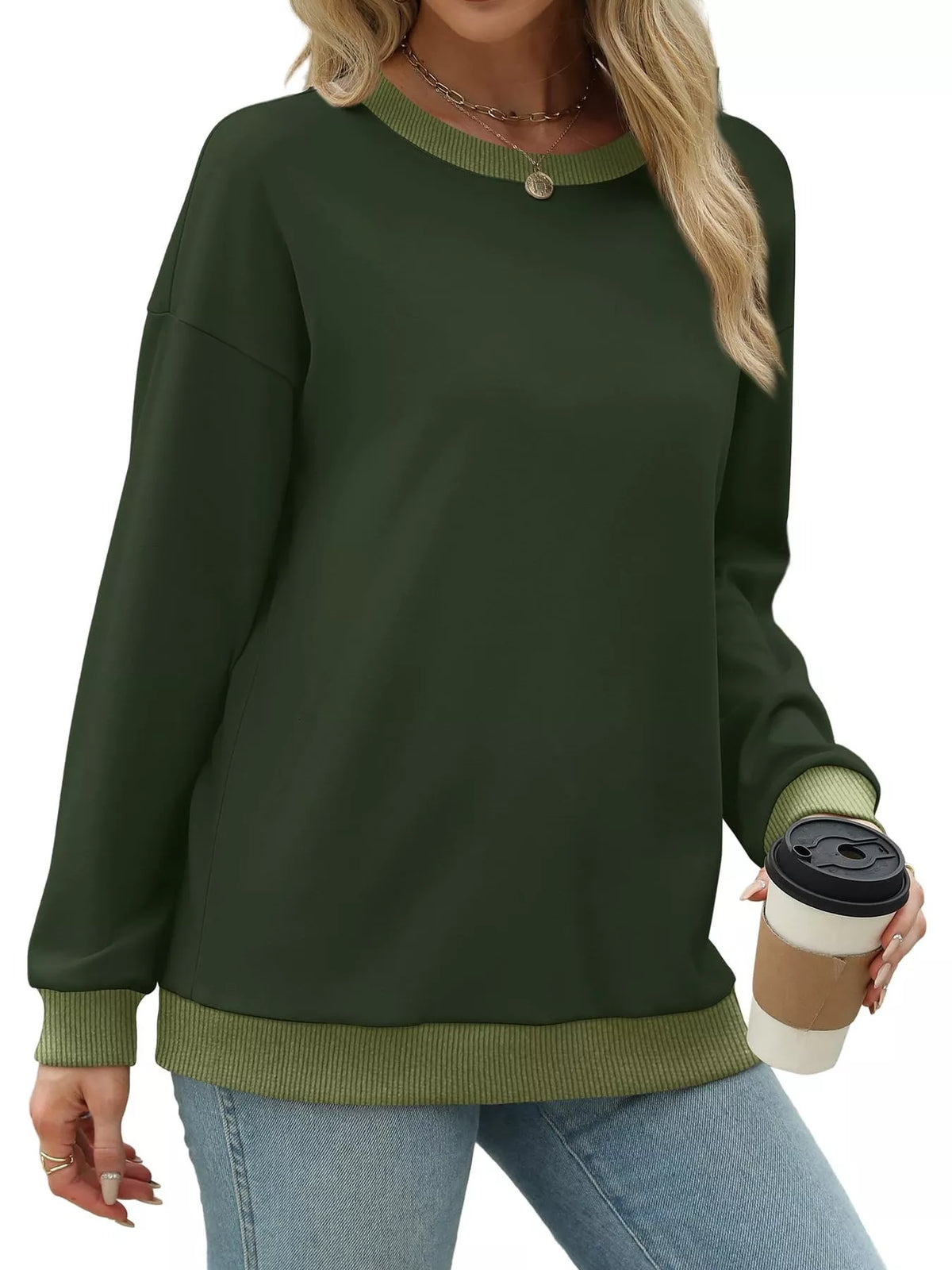 Contrast Trim Crew Neck Casual Sweatshirt (19)