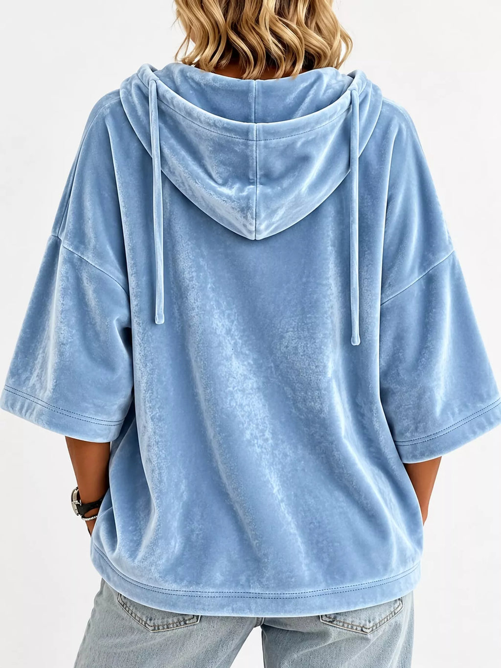 Full Size Velvet Half Sleeve Hoodie Drawstring Plus (7)