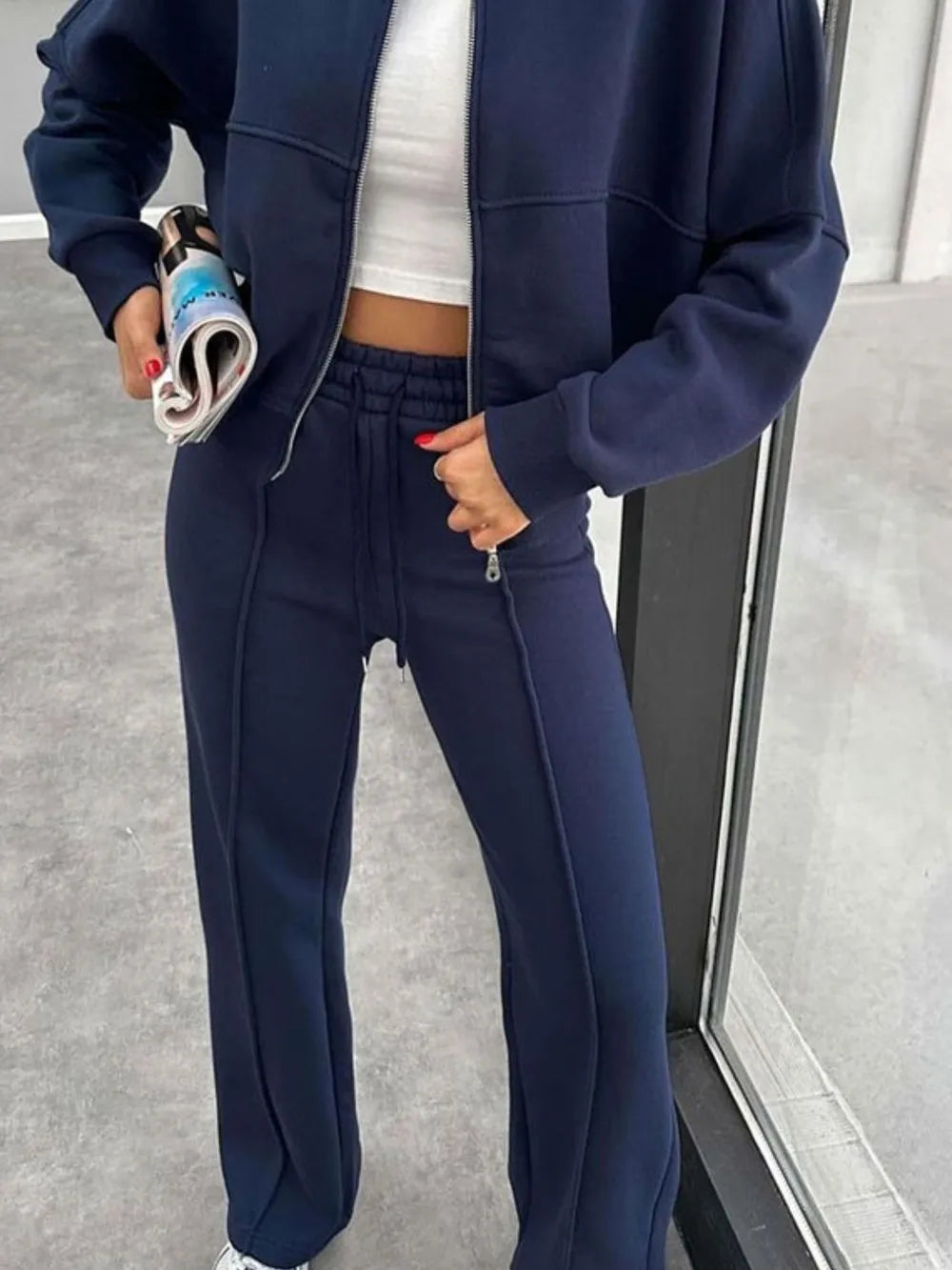 Baseball Collar Zip Up Outerwear Drawstring Pants Set (22)