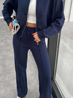 Baseball Collar Zip Up Outerwear Drawstring Pants Set (22)