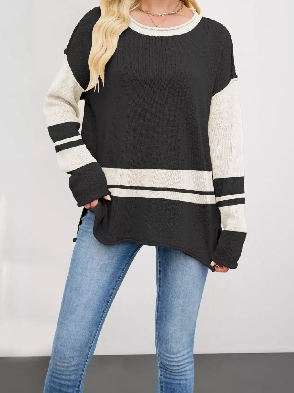 Striped Dropped Shoulder Sweater (6)
