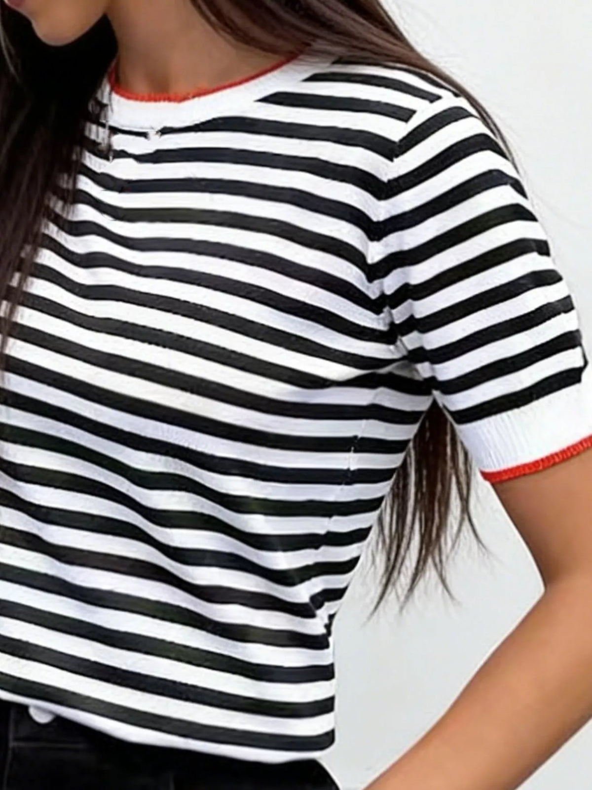 Contrast Trim Striped Short Sleeve Knit Top (6)