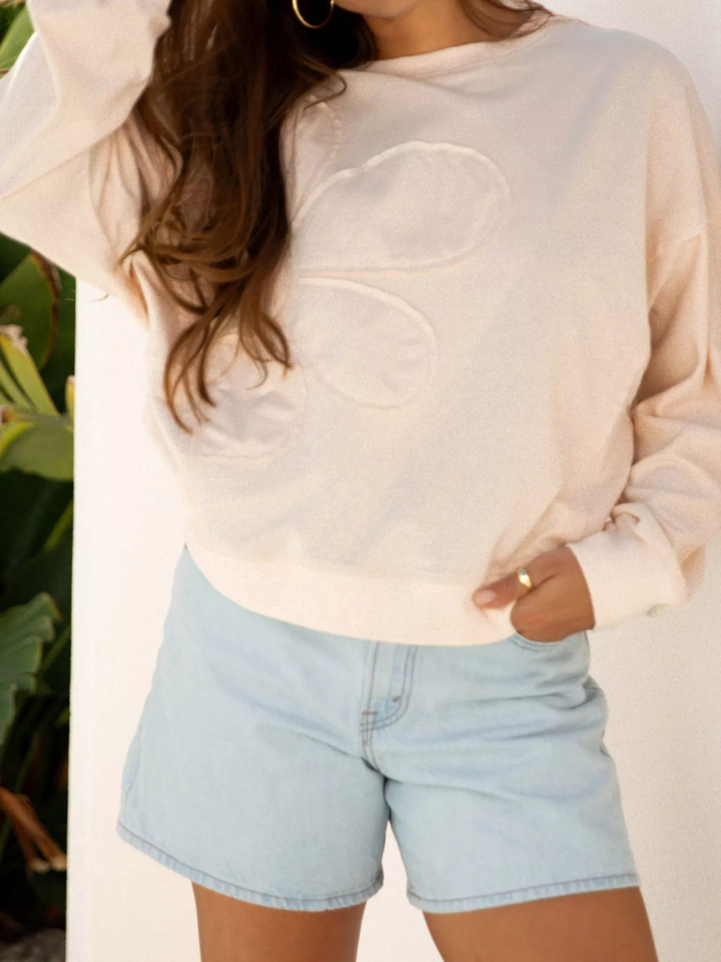 Raw Edge Flower Patch Drop Shoulder Casual Top