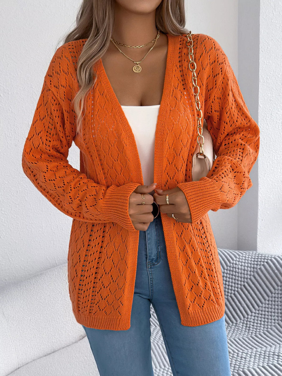 Openwork Open-front Long Sleeve Cardigan (3)