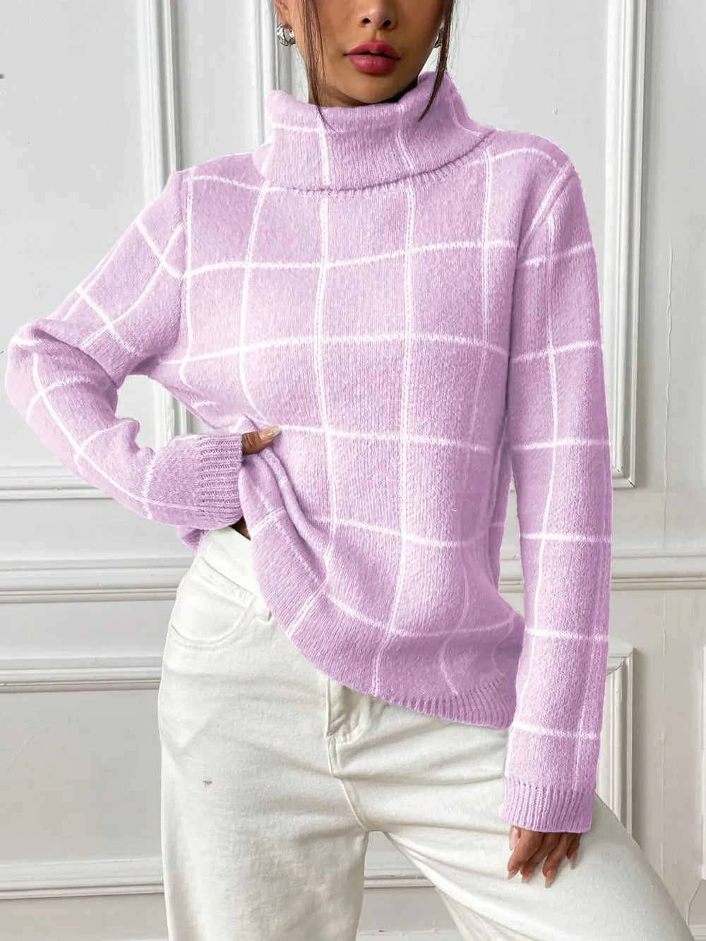 Plaid Turtleneck Long Sleeve Sweater (6)