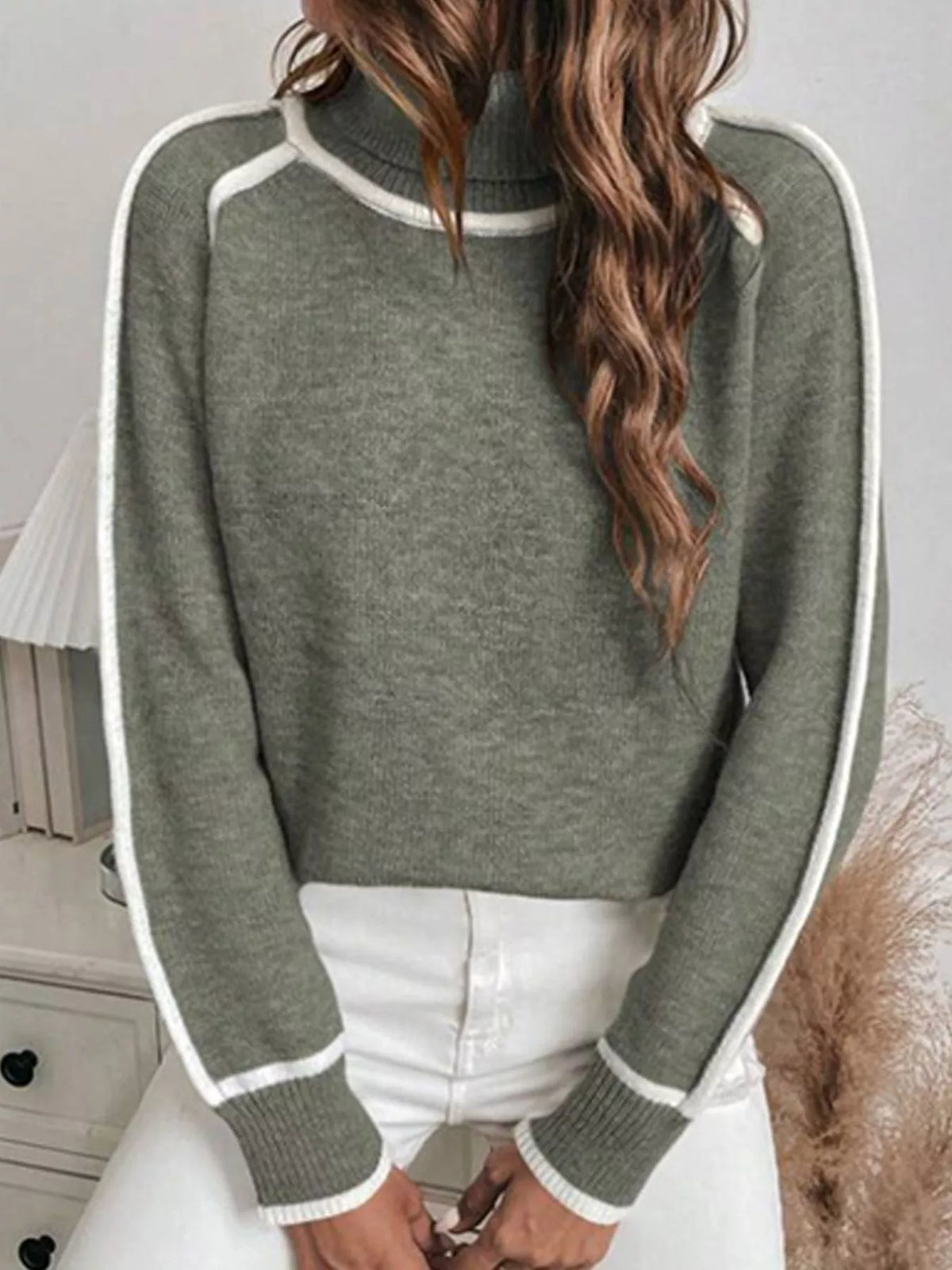 Full Size Contrast Trim Ribbed Hem Turtleneck Sweater Plus (4)