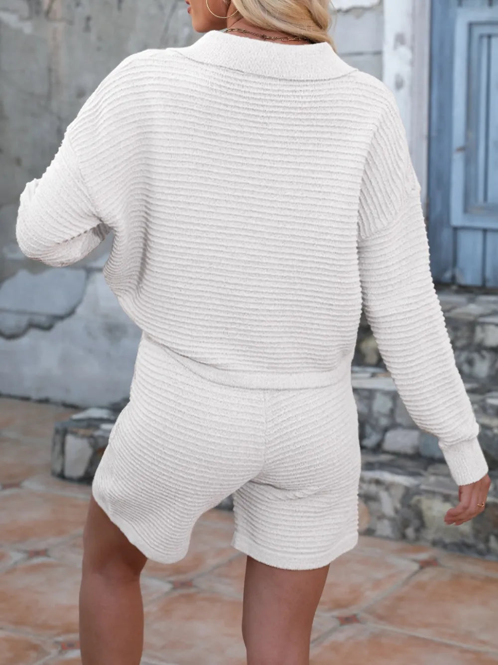 Johnny Collar Long Sleeve Top Shorts Sweater Set (9)