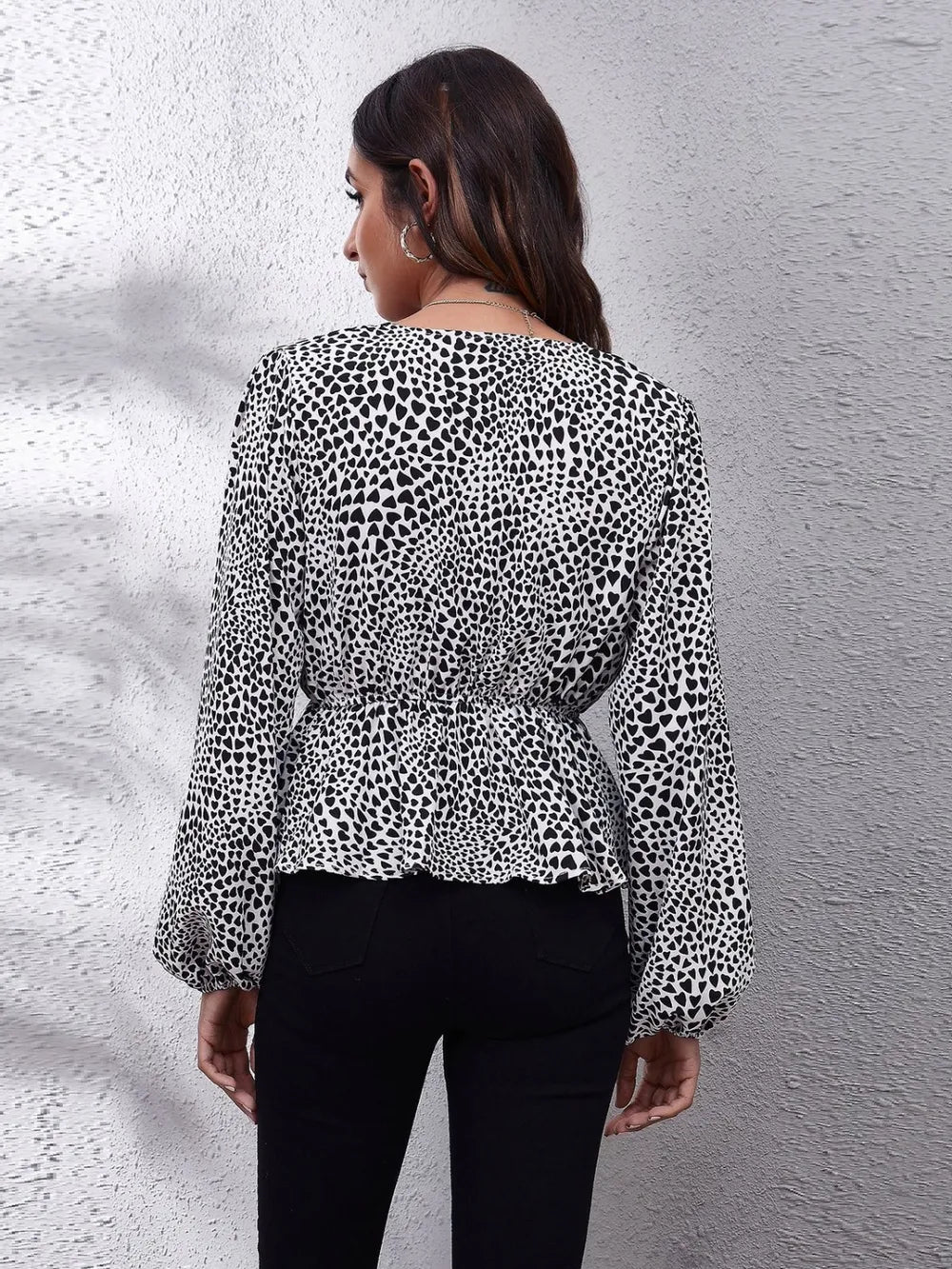 Ruched Printed V-neck Long Sleeve Blouse (36)
