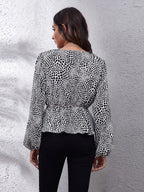 Ruched Printed V-neck Long Sleeve Blouse (36)