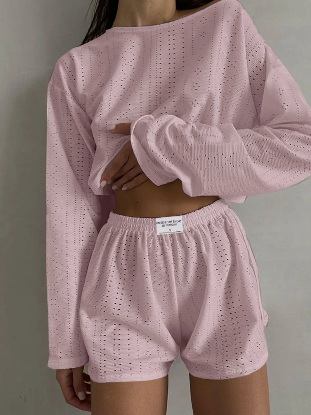 Eyelet Round Neck Top Shorts Set (17)