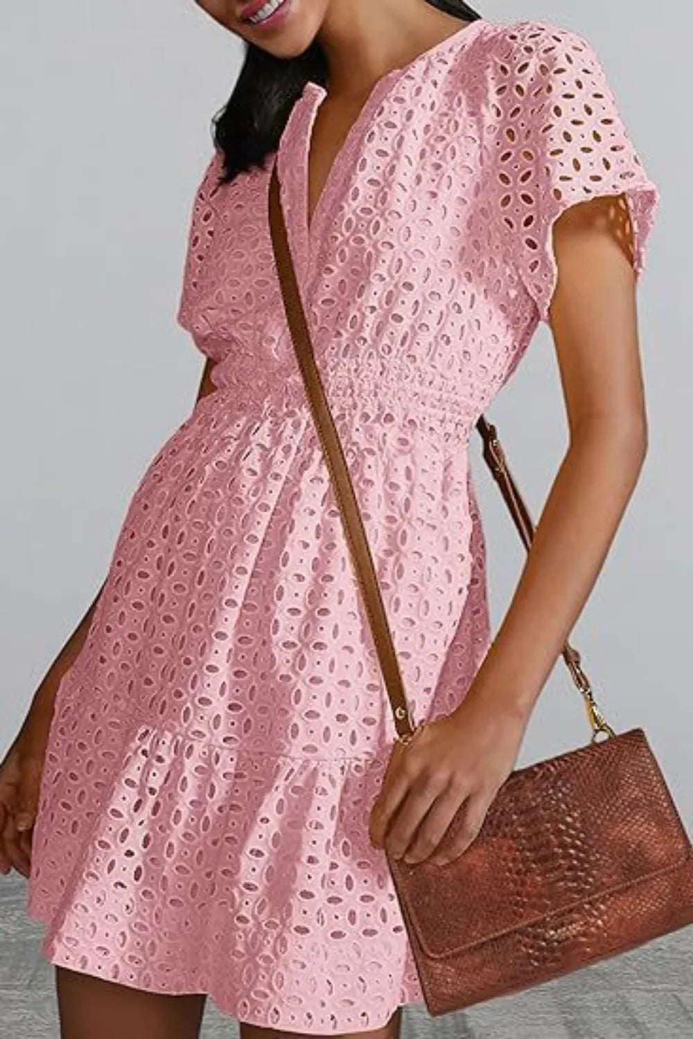 Eyelet Notched Short Sleeve Mini Dress (8)