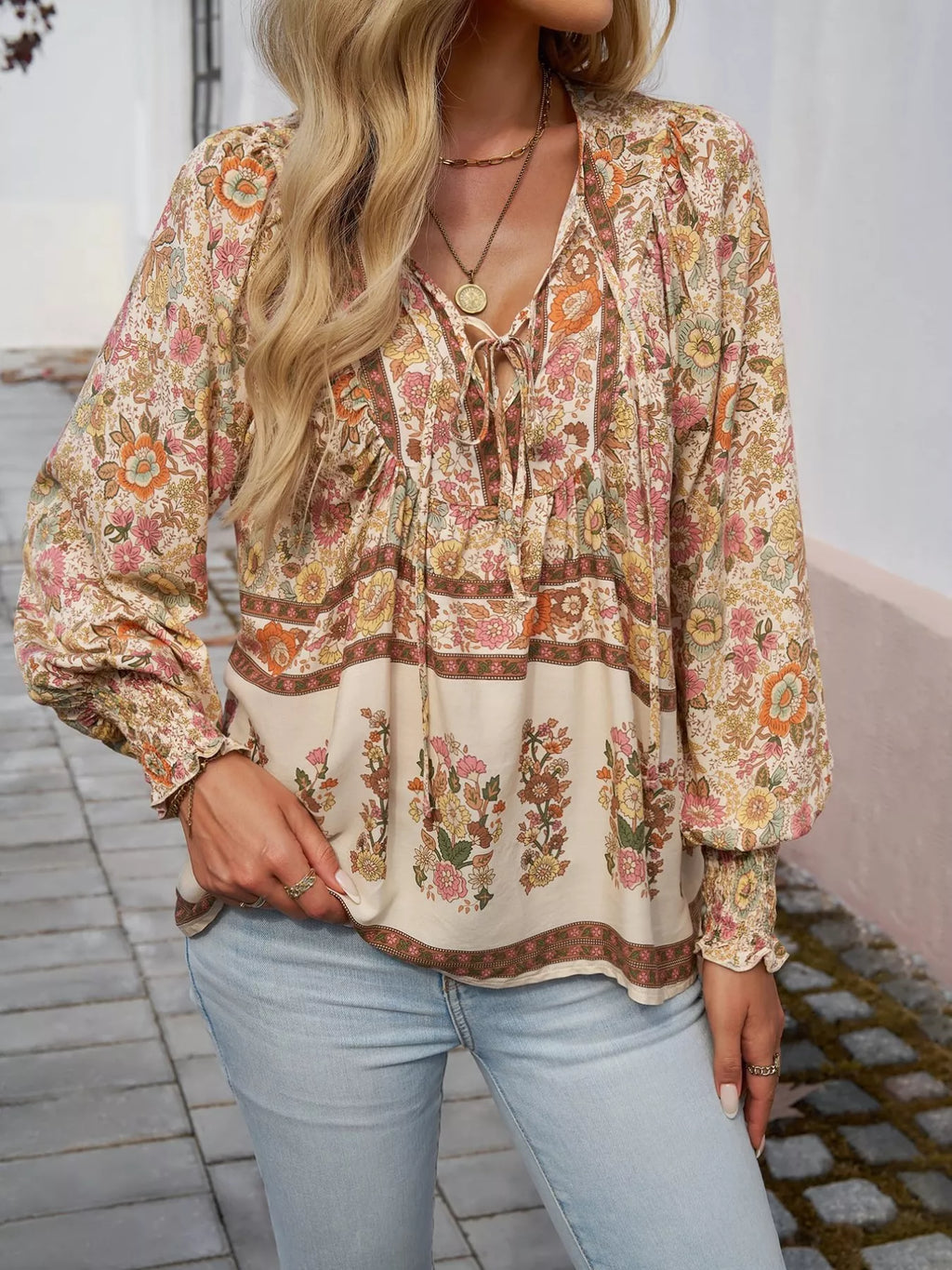 Floral Print Tie Neck Bohemian Blouse (18)