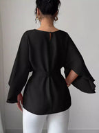 Round Neck Belt Batwing Sleeve Blouse (12)