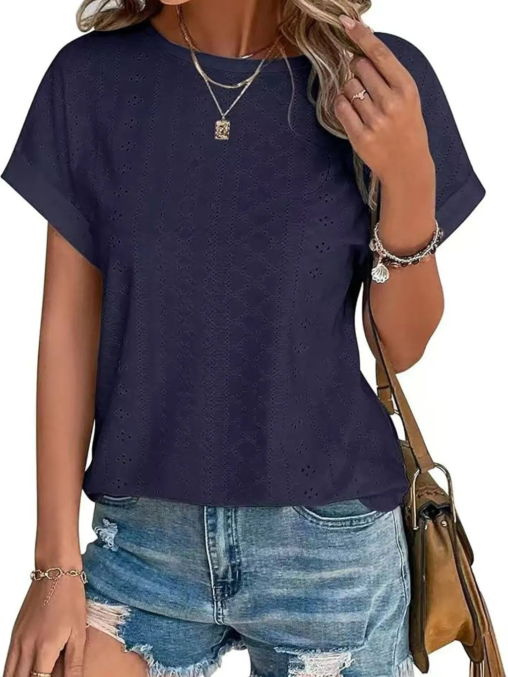 Eyelet Round Neck Short Sleeve Top (26)