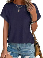 Eyelet Round Neck Short Sleeve Top (26)