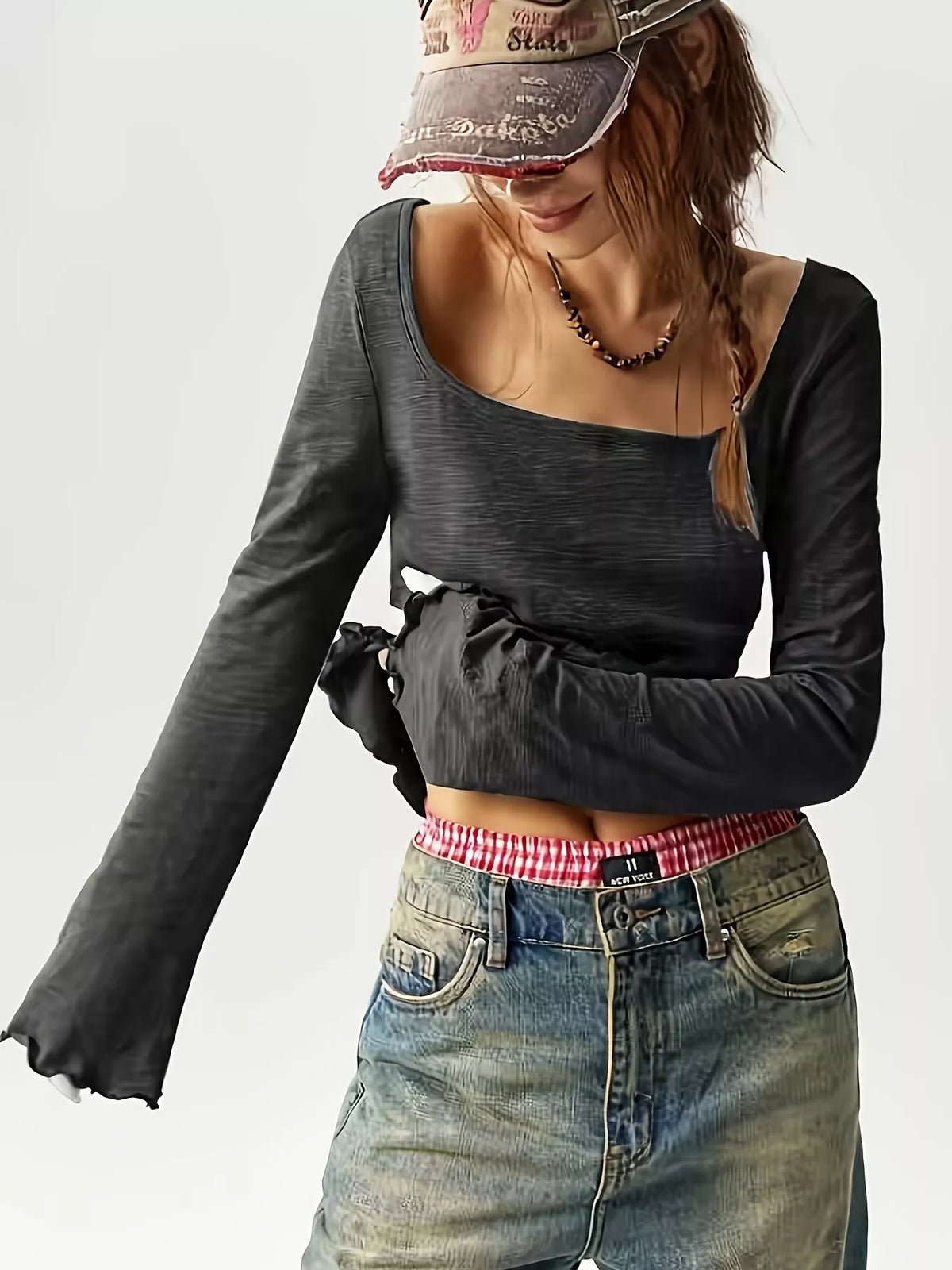 Long Sleeve Square Neck Slim-fit T-shirt