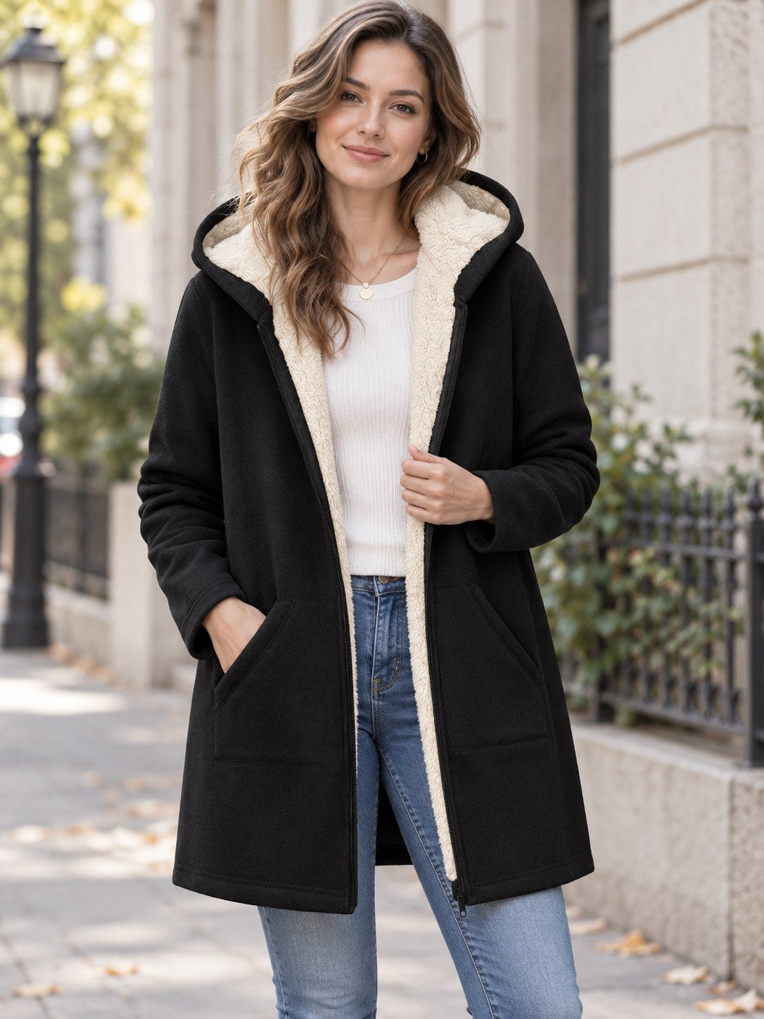 Fleece-lined Zip Up Hooded Outerwear styled on a model