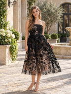 Floral Applique Strapless Midi Dress styled on a model