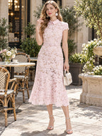 Floral Lace Short Sleeve Midi Dress styled on a model