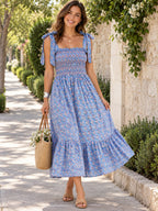 Floral Smocked Tie-shoulder Midi Dress styled on a model