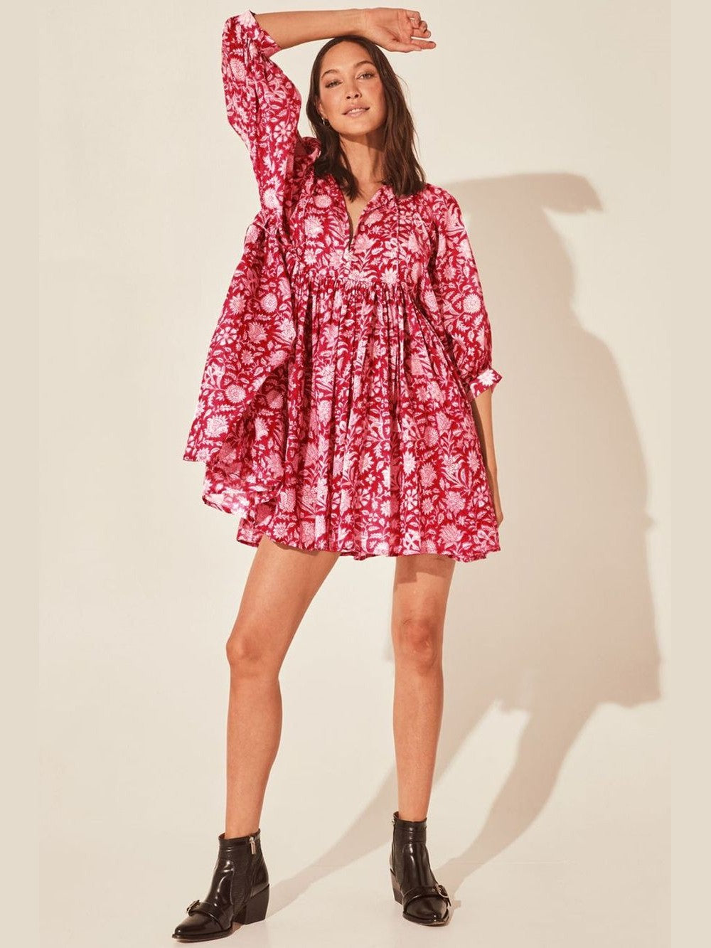 Floral Tie Neck Lantern Sleeve Dress