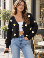 Floral V-neck Button-down Cropped Cardigan styled on a model