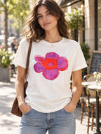 Flower Graphic Round Neck T-shirt styled on a model