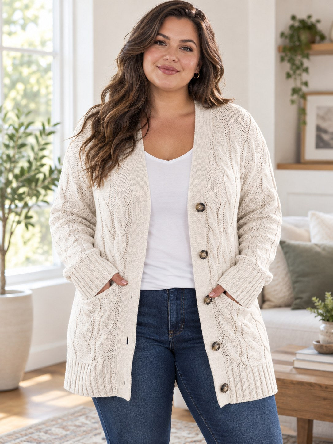 Cable-Knit Cardigan with Pockets (Plus Size) styled on a model