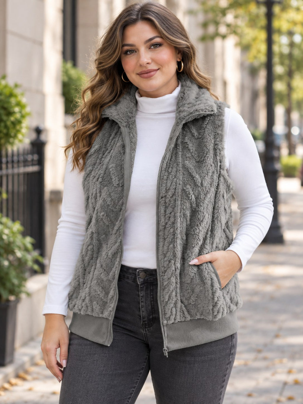 Faux Fur Zip-Up Vest (Plus Size) styled on a model