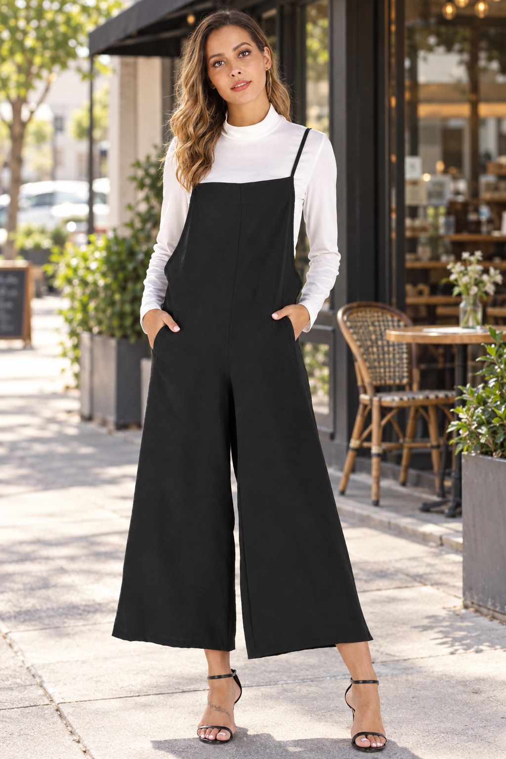Full Size Cropped Wide Leg Overalls Pockets styled on a model