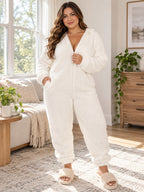 Full Size Fleece Zip-up Hooded Jumpsuit Plus styled on a model