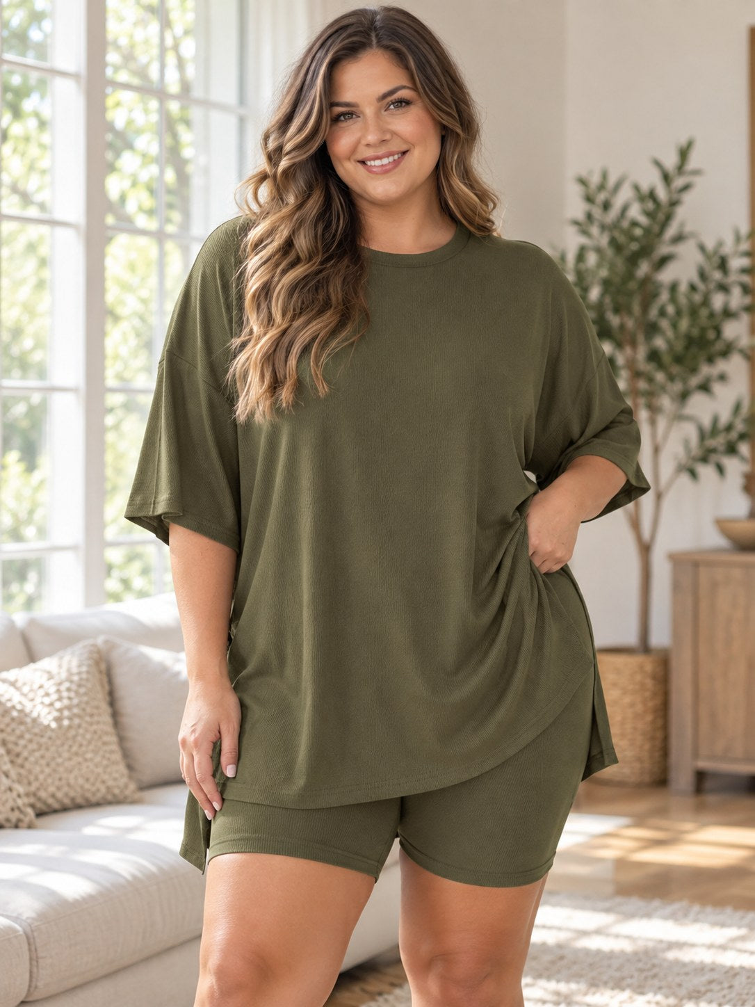Half-Sleeve T-Shirt and Shorts Set (Plus Size) styled on a model