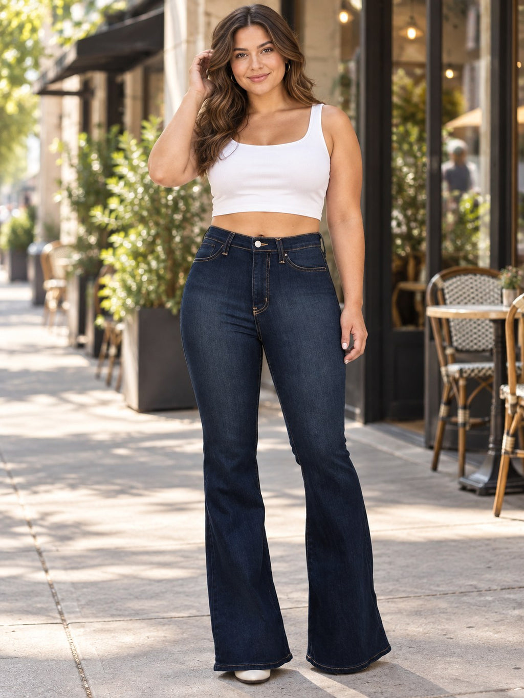 Full Size High-waisted Bootcut Jeans Plus styled on a model