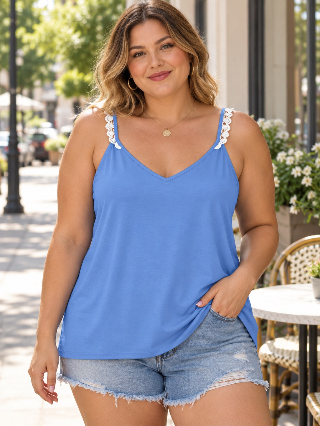 Lace-Trim V-Neck Cami (Plus Size) styled on a model