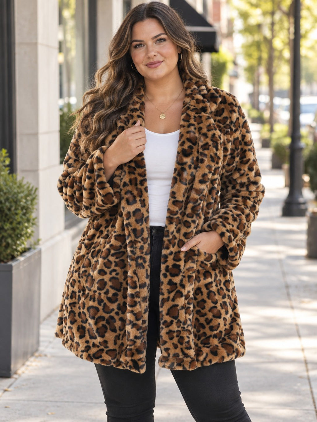 Leopard Print Open-Front Outerwear (Plus Size) styled on a model