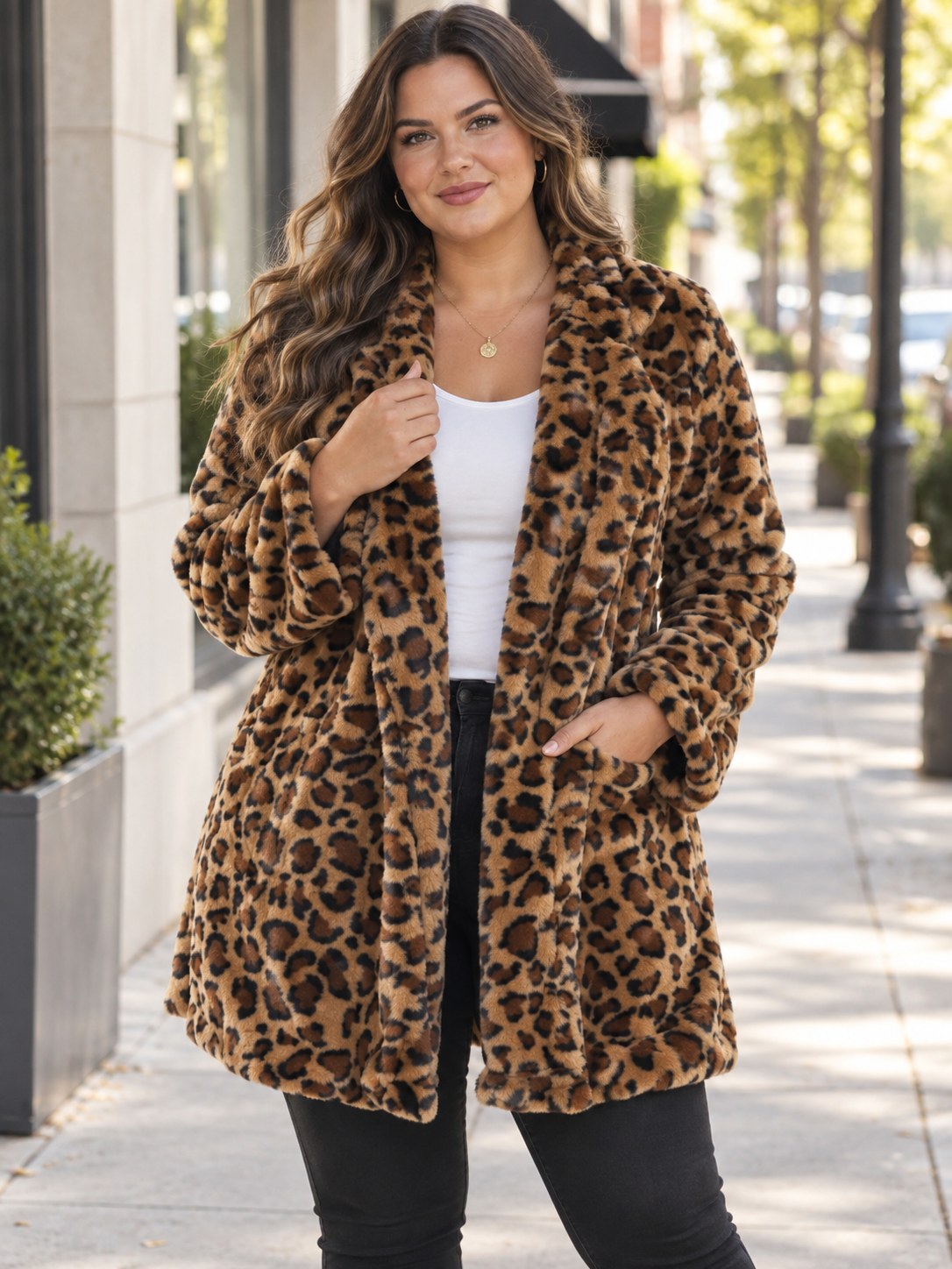 Leopard Print Open-Front Outerwear (Plus Size) styled on a model