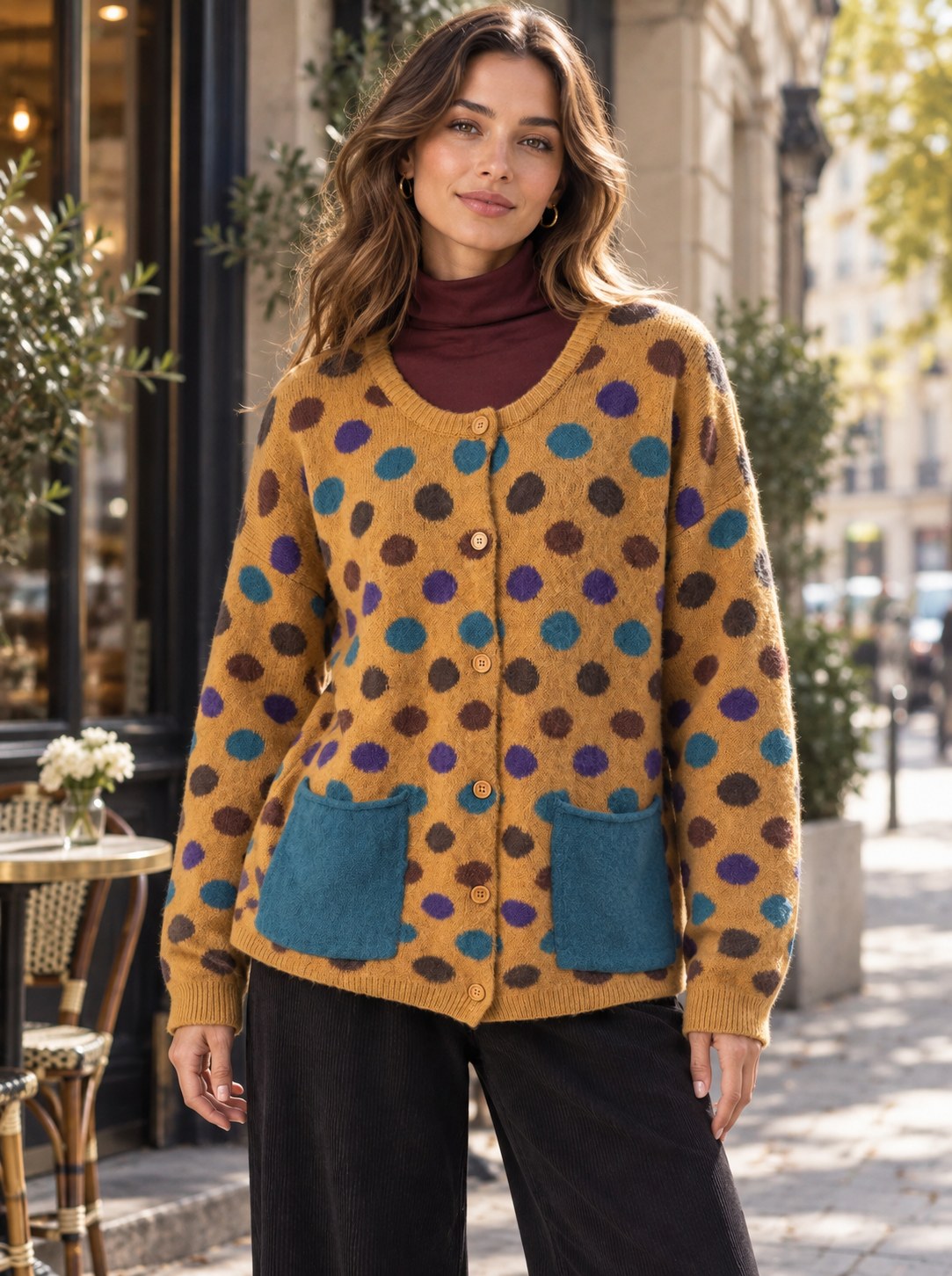 Full Size Polka Dot Button Down Cardigan Plus styled on a model