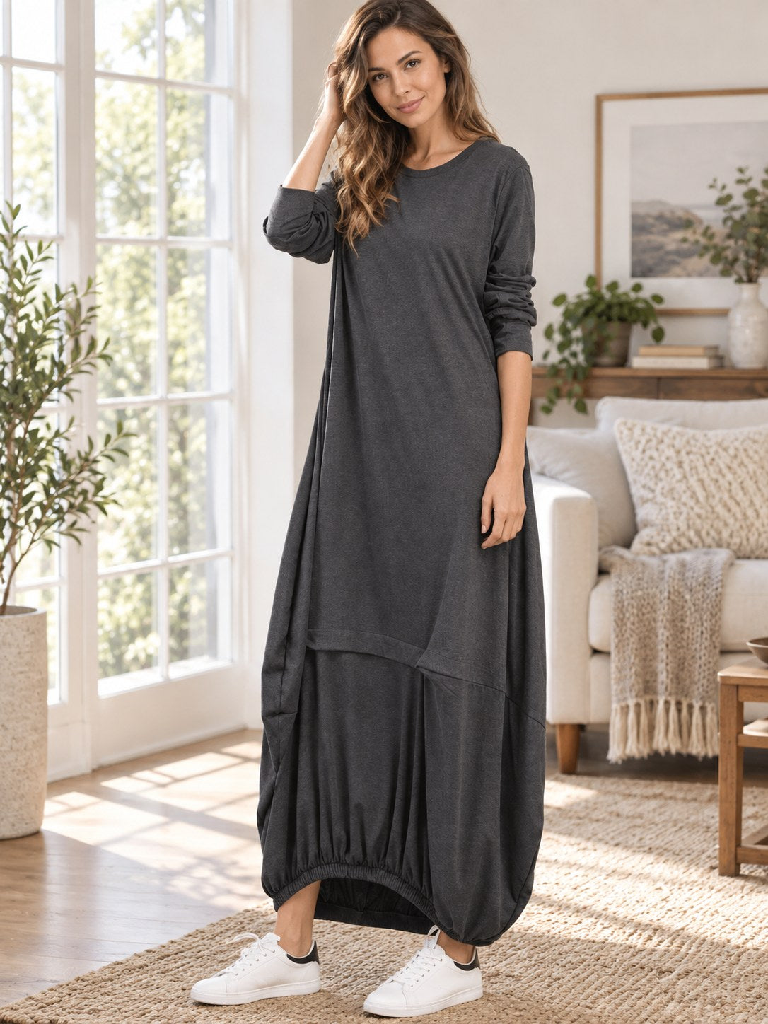 Full Size Round Neck Long Sleeve Sweatshirt Dress styled on a model