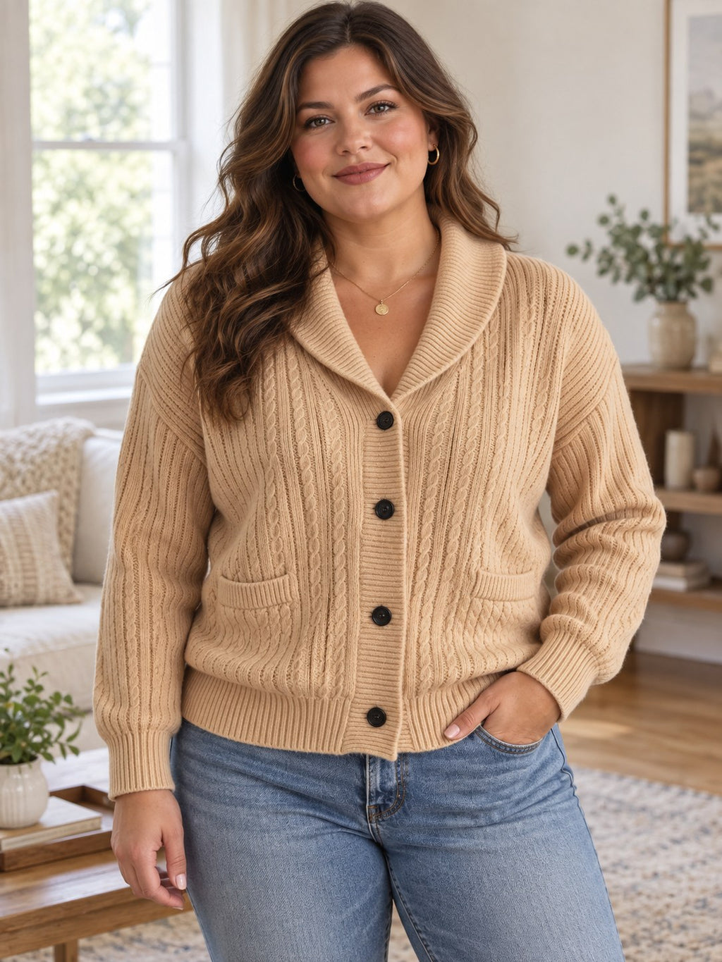 Shawl Collar Cable-Knit Cardigan (Plus Size) styled on a model