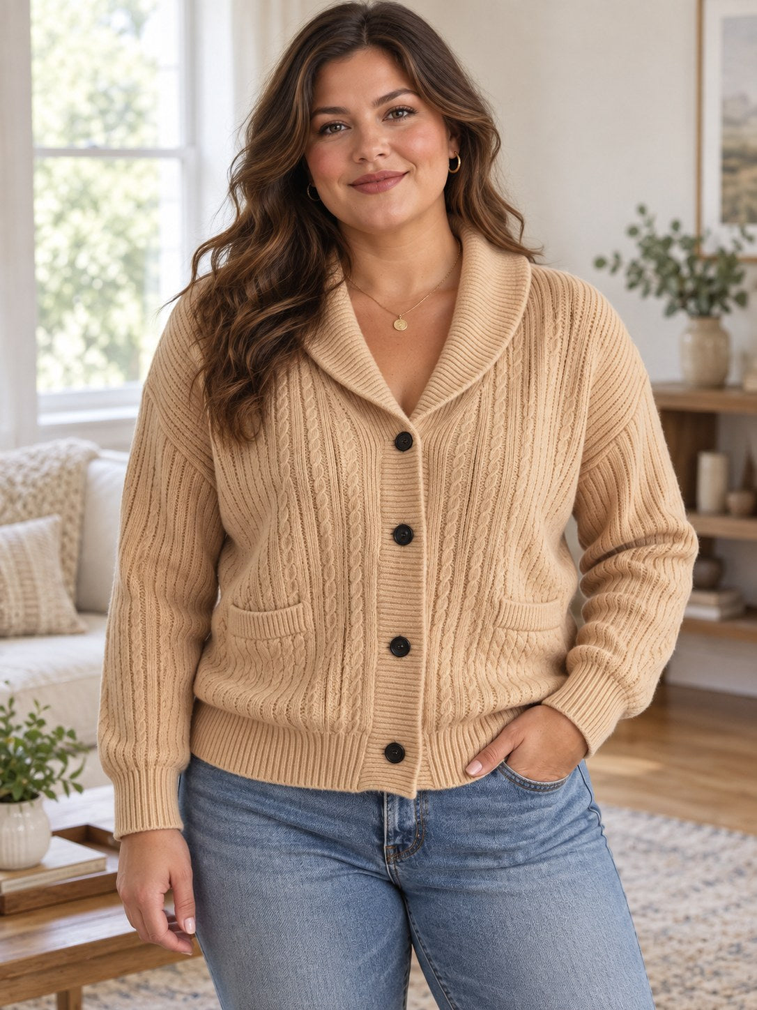Shawl Collar Cable-Knit Cardigan (Plus Size) styled on a model
