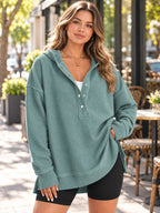 Full Size Snap Button Placket Dropped Shoulder Hoodie Plus styled on a model