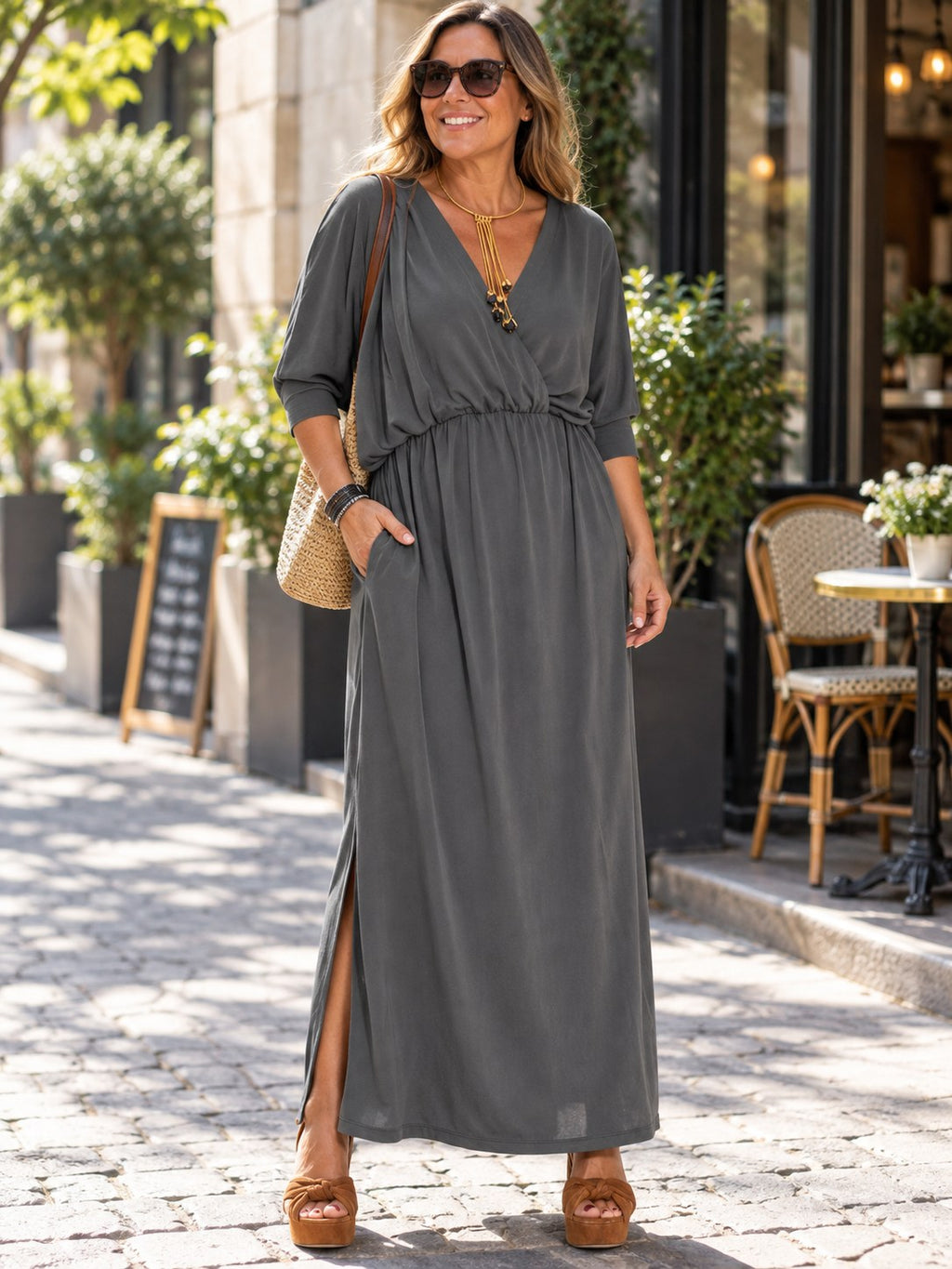 V-Neck Batwing Maxi Dress (Plus Size) styled on a model