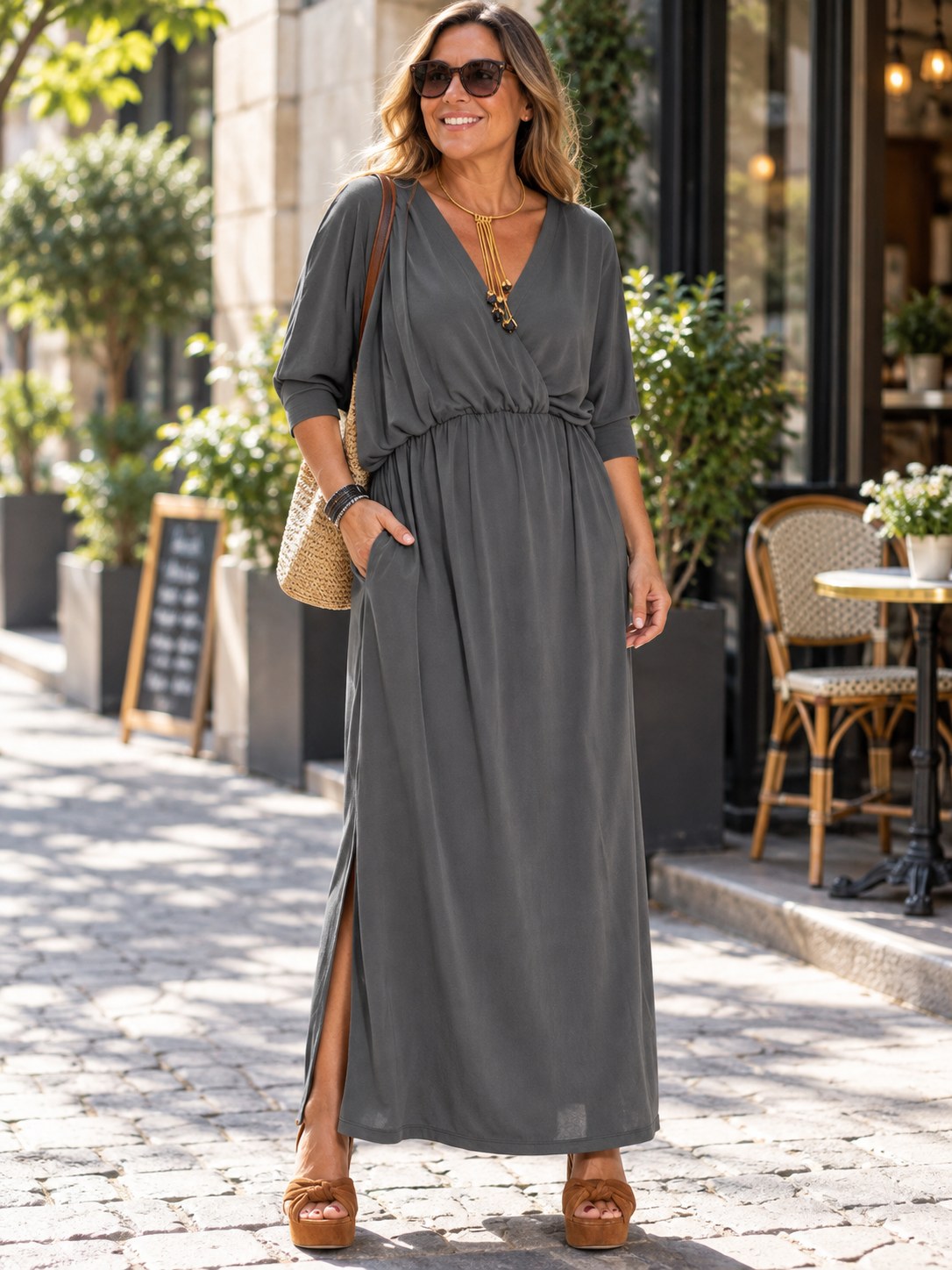 V-Neck Batwing Maxi Dress (Plus Size) styled on a model