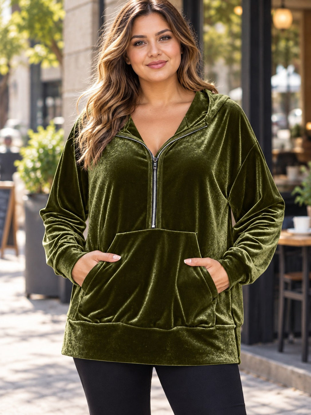 Full Size Velvet Half Zip Hoodie Kangaroo Pocket Plus styled on a model