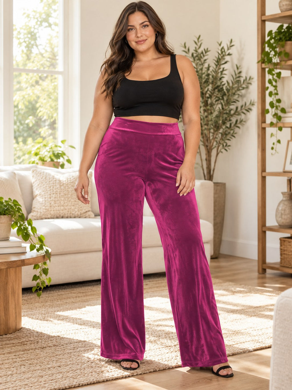 Velvet Wide-Leg Pants (Plus Size) styled on a model